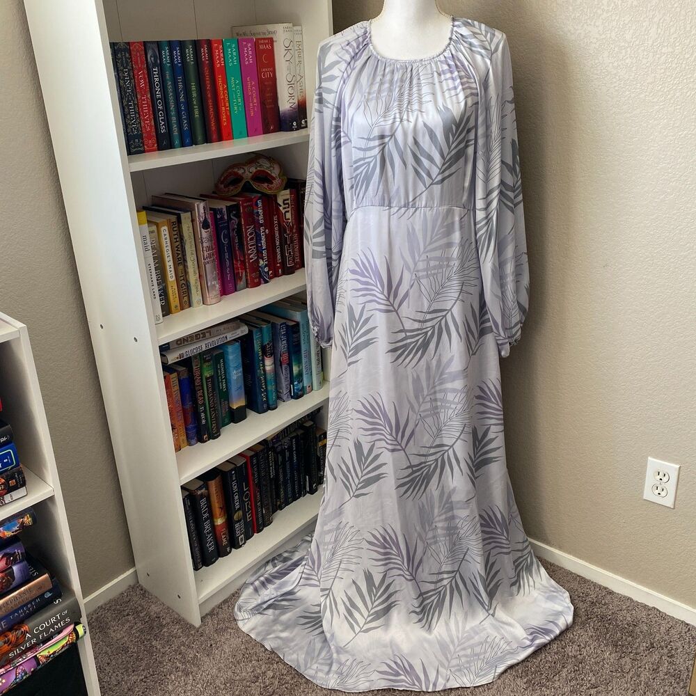 BOHME Gray Elegant Leaf Pattern Romantic Whimsical Long Sleeve Boho Maxi Dress L